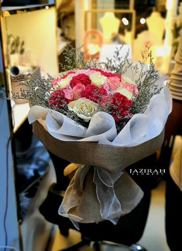 Magenta, White & Light Pink Roses with Carnations – Hand-Tied Jute Bouquet | Fresh Flowers UAE