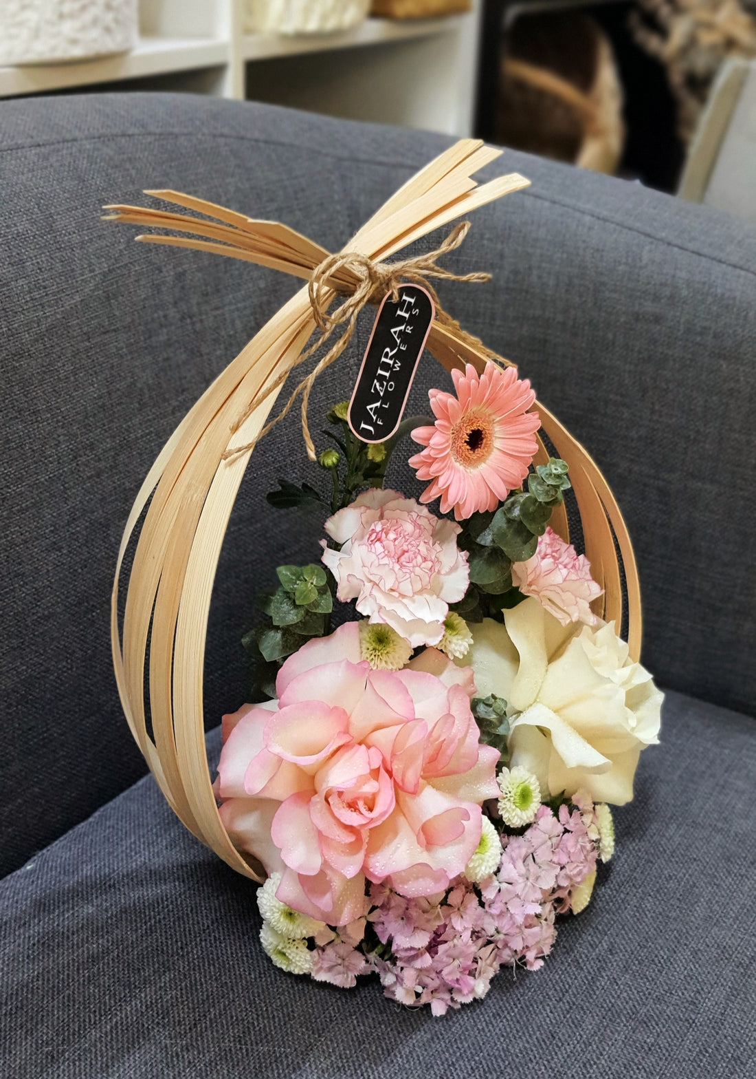 Elegant Pink & White Floral Basket Arrangement | Unique Bamboo Frame | Jazirah Flowers UAE
