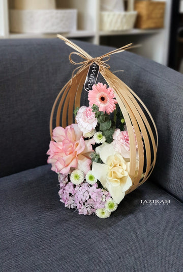 Elegant Pink & White Floral Basket Arrangement | Unique Bamboo Frame | Jazirah Flowers UAE