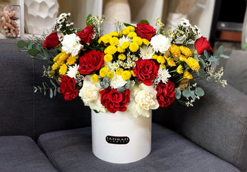 Elegant Red, Yellow & White Bloom Box – Jazirah Flowers