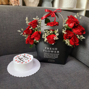 Red Roses Birthday Flower Box with Cake – Fresh Flowers Gift Delivery UAE