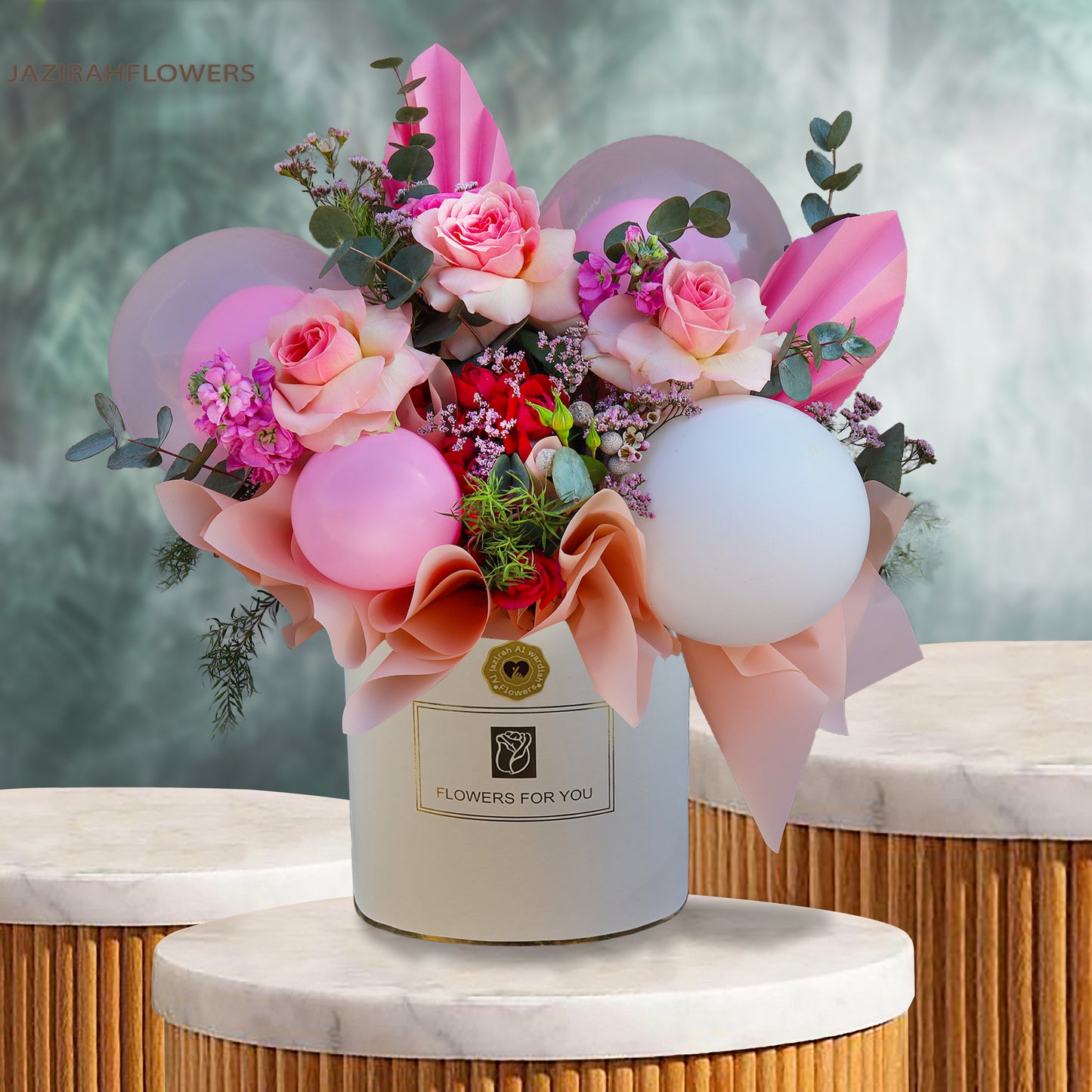New Baby Girl Flower Box – Elegant Pink Roses with Balloons | Jazirah Flowers UAE