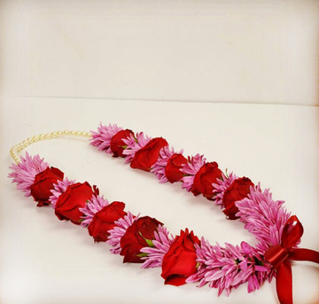 Fresh Flower Garland Necklace with Red Roses & Pink Chrysanthemums