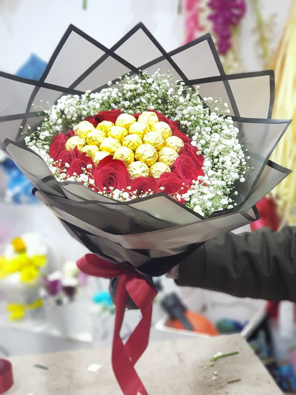 Graduation Gift Bouquet with Red Roses & chocolate โ Elegant Black Wrapping