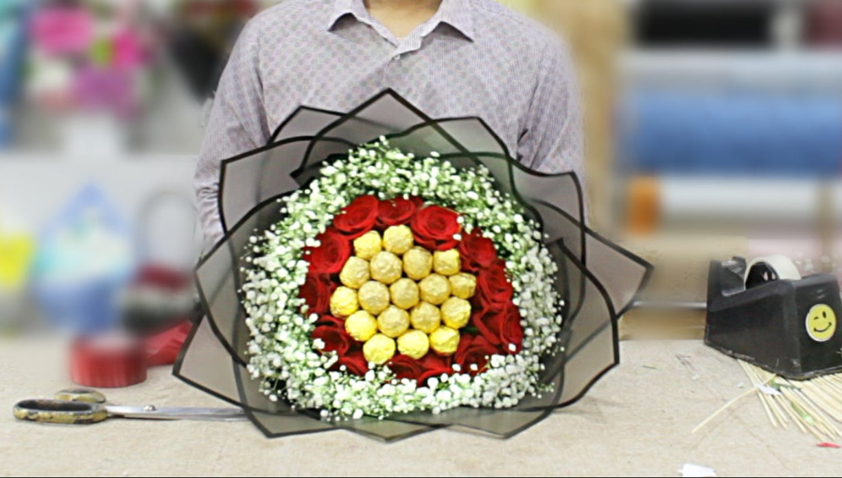 Graduation Gift Bouquet with Red Roses & chocolate โ Elegant Black Wrapping