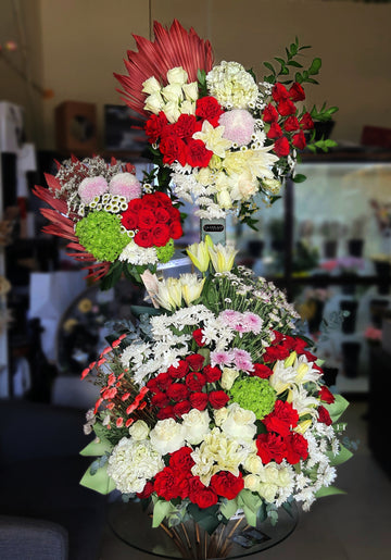 Elegant Standing Flower Stand – Red & White Roses, Lilies & Hydrangeas
