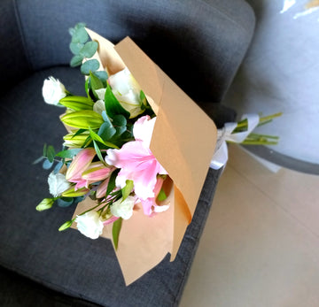 Elegant Pink Lily & White Rose Bouquet | Fresh Hand-Tied Flowers UAE