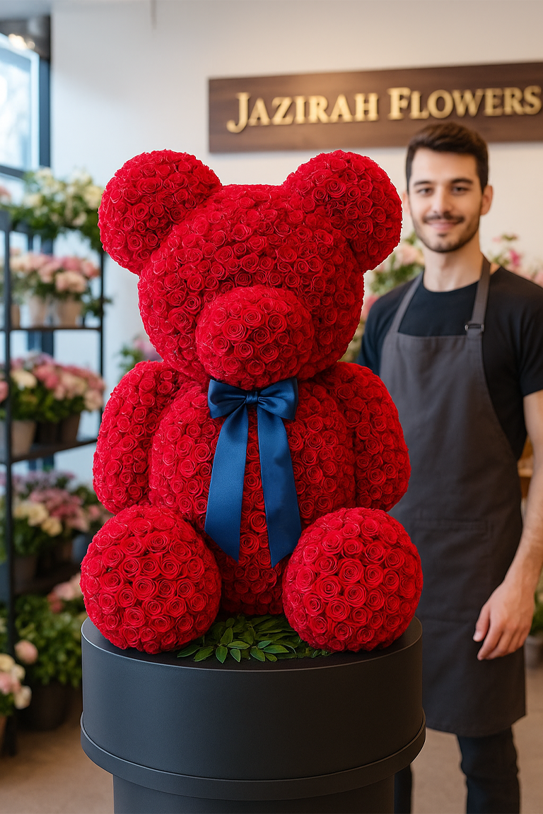 Fresh Red Roses Teddy Bear – Handmade Luxury Flower Gift | Jazirah Flowers UAE