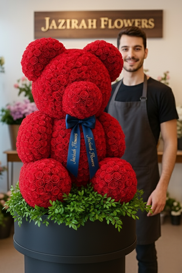 Fresh Red Roses Teddy Bear – Handmade Luxury Flower Gift | Jazirah Flowers UAE