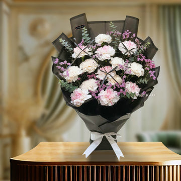 Elegant Pink & White Carnation Flowers Bouquet with Black Wrapping – Perfect Gift for Any Occasion
