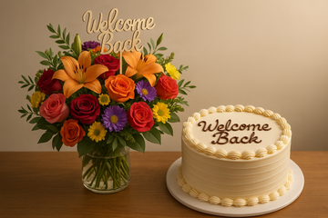 Generate a image for ''welcome back'' collection. A flower bouquet will have toper "Welcome Back" written on it, A cake with the words "Welcome Back" written on it