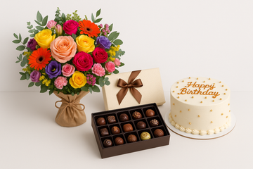 Generate a image with one bouquet one chocolate box one cake