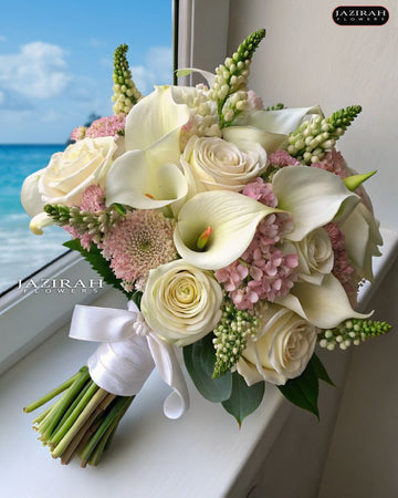 Classic White & Blush Bridal Bouquet – Roses, Calla Lilies & Seasonal Mix