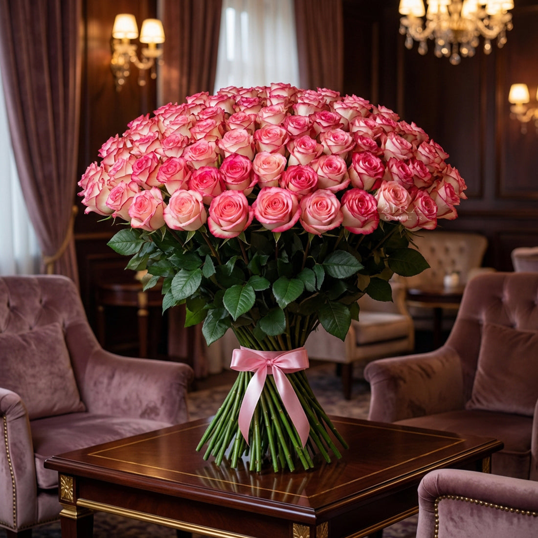 Large bouquet of pink roses on a table in an elegant room with chandeliers and plush chairs.