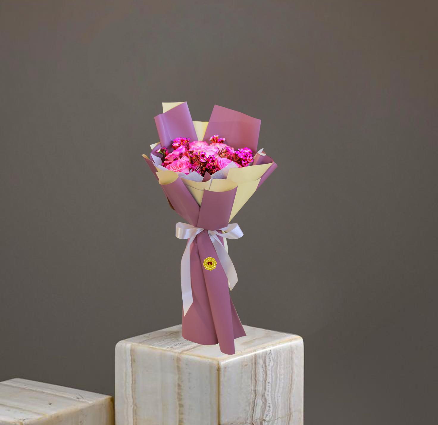 flower bouquet of pink roses, wrap bouquet