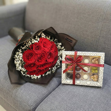 Red Rose Bouquet with Luxury Chocolate Box | Romantic Gift Combo