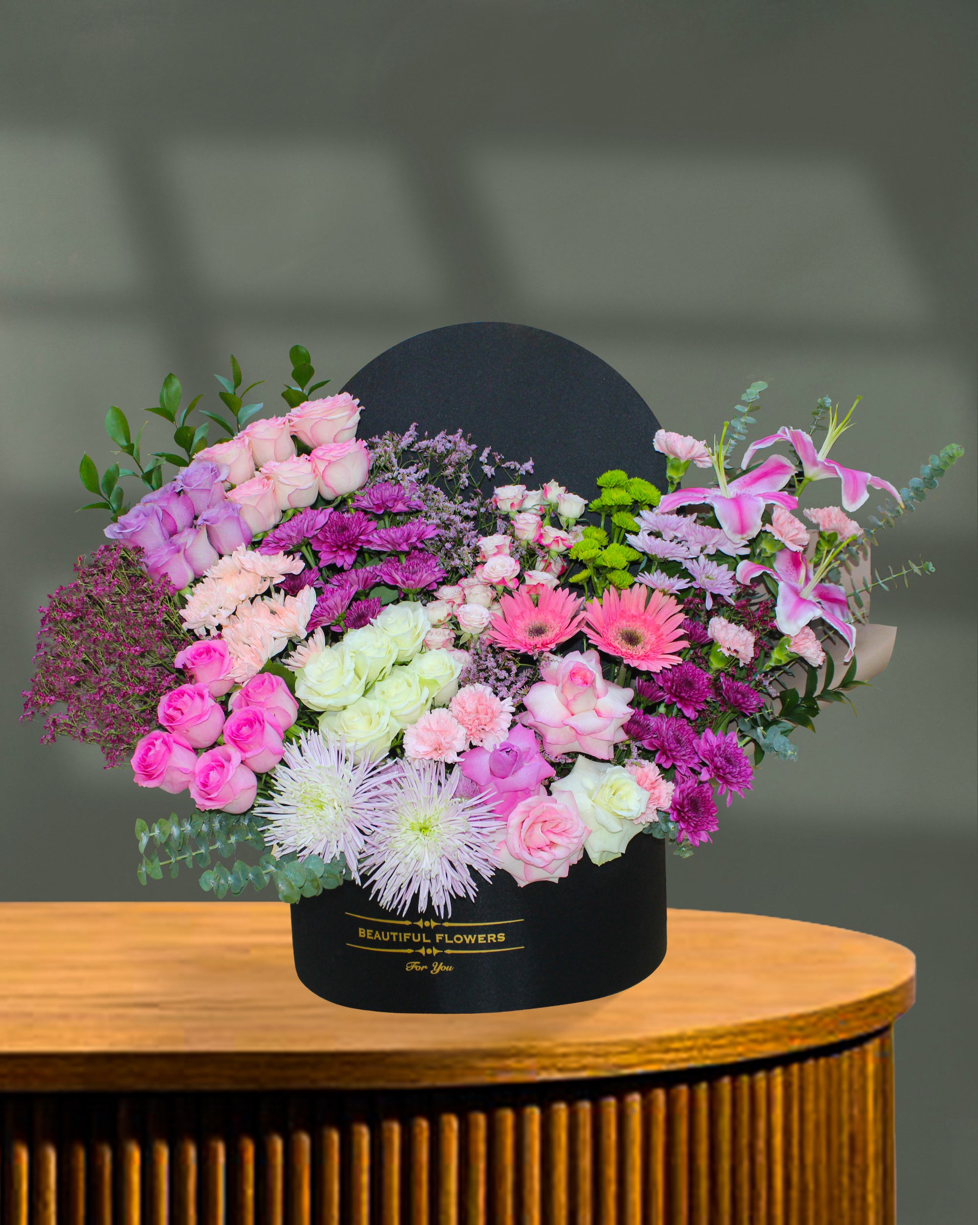 Luxury Royal Bloom Box – Pink, Purple & White Mixed Floral Arrangement