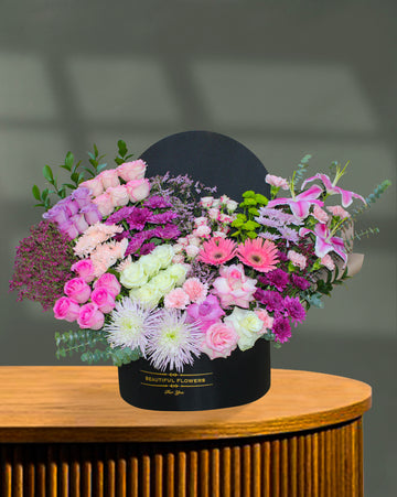 Luxury Royal Bloom Box – Pink, Purple & White Mixed Floral Arrangement