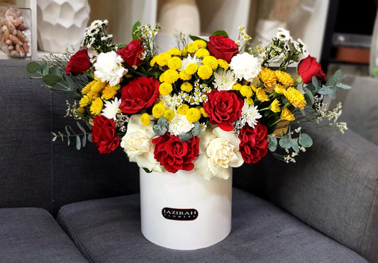 Elegant Red, Yellow & White Bloom Box – Jazirah Flowers