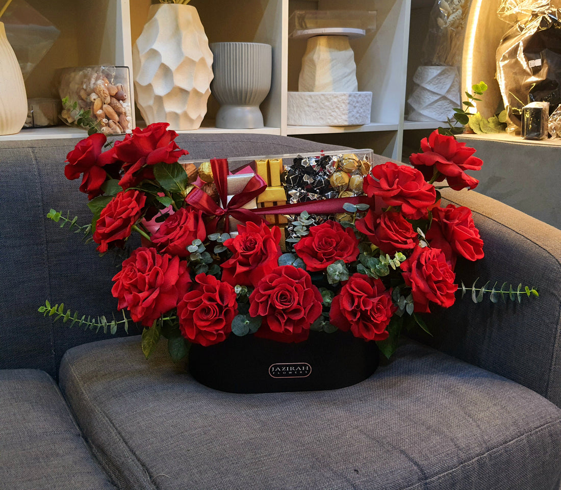 Red Roses & Chocolate Gift Box – Luxury Flower Arrangement UAE