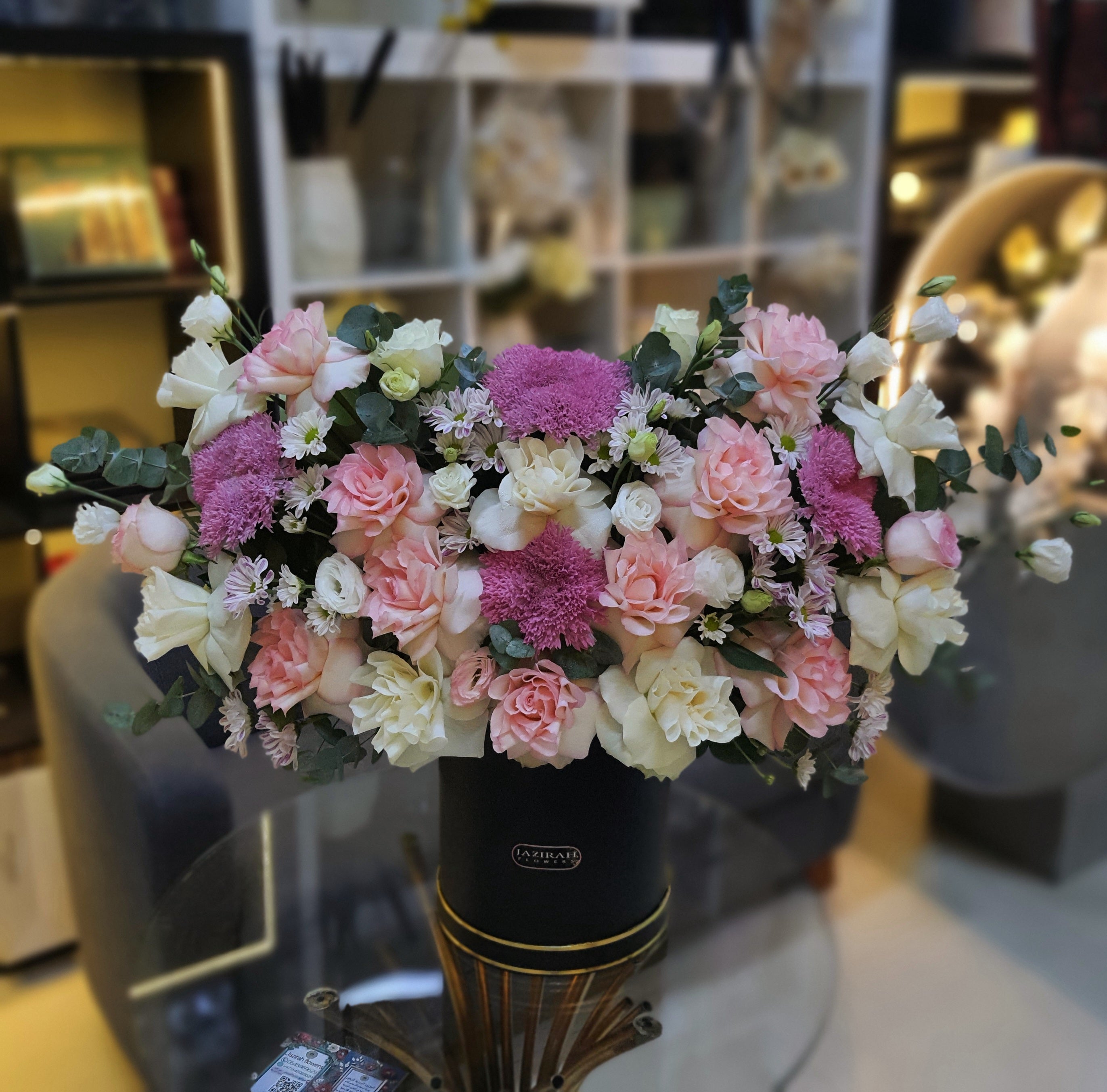 Elegant Pink & White Mixed Flower Arrangement in Black Box – Romantic Gift & Home Décor | Jazirah Flowers