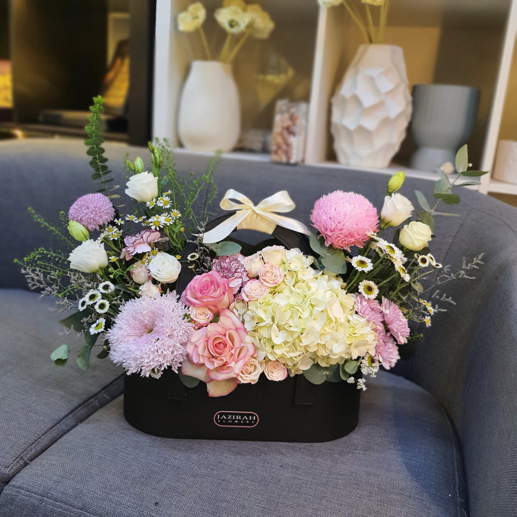 Luxury Leather Flower Box Bag | Pink Roses, Hydrangea & Chrysanthemums – Jazirah Flowers UAE