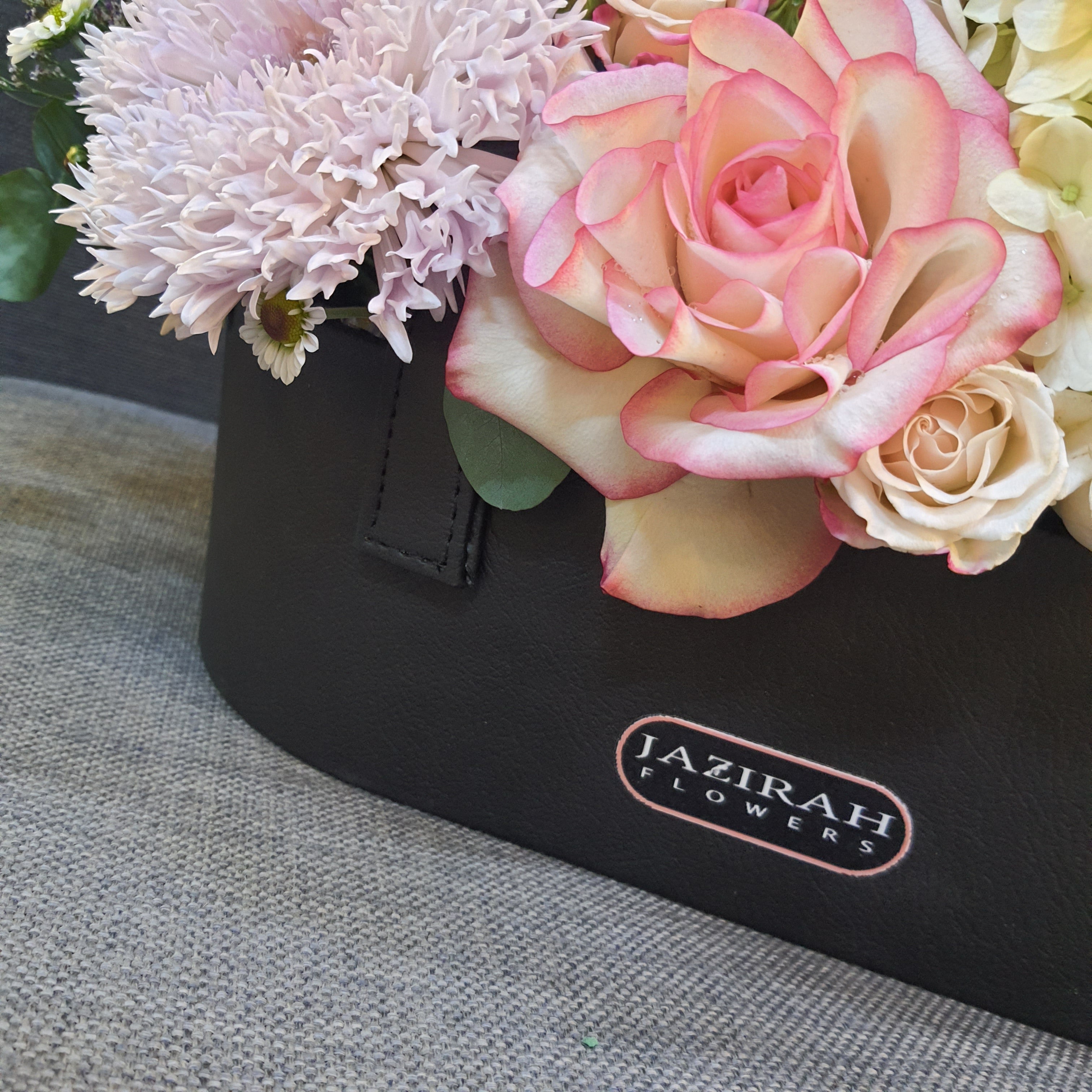 Luxury Leather Flower Box Bag | Pink Roses, Hydrangea & Chrysanthemums – Jazirah Flowers UAE