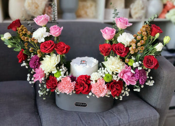 Fresh Flower Arrangement with Cake in Luxury Leather Box