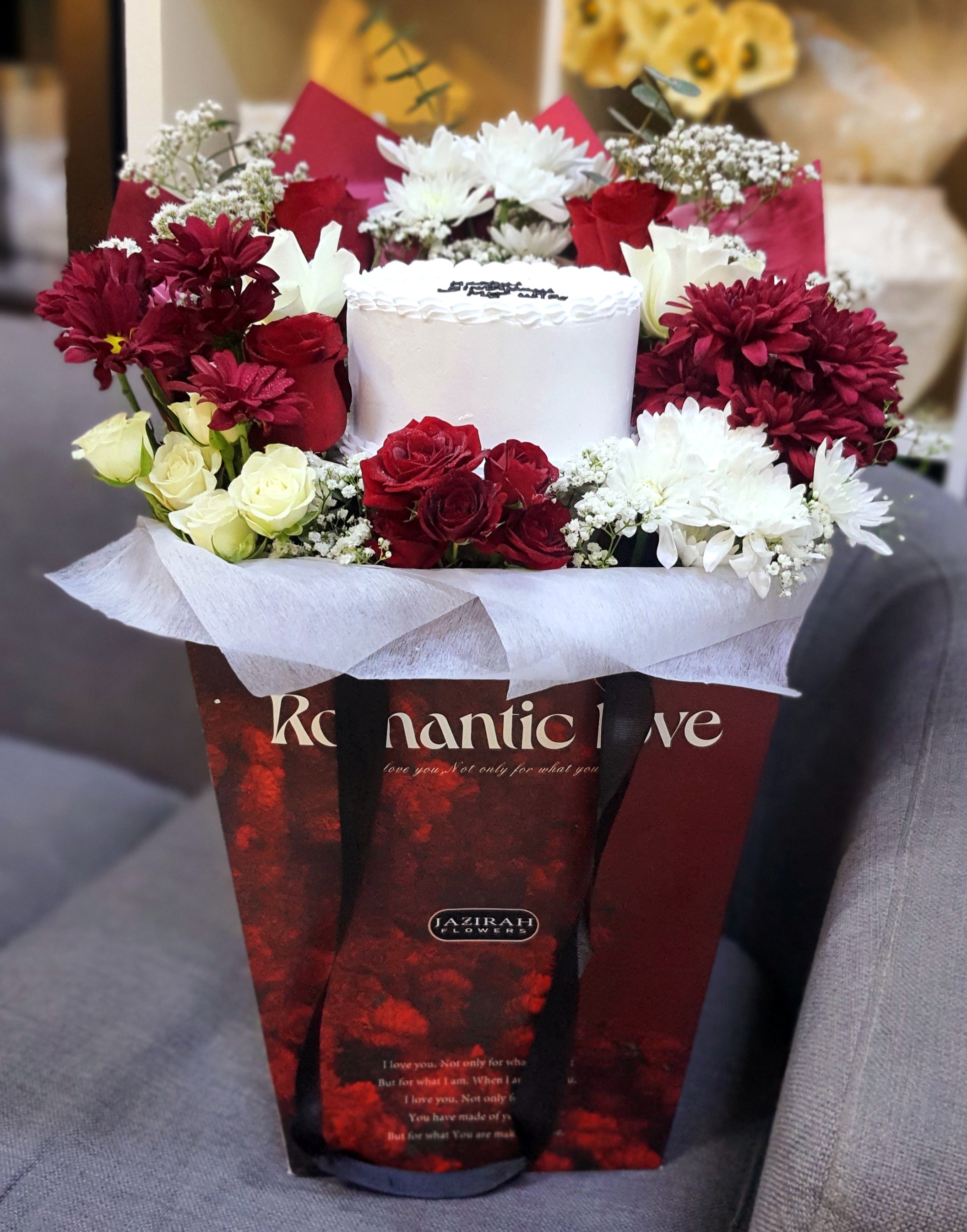 Romantic Fresh Flower Arrangement with Cake in Bag | Red Roses Gift Combo