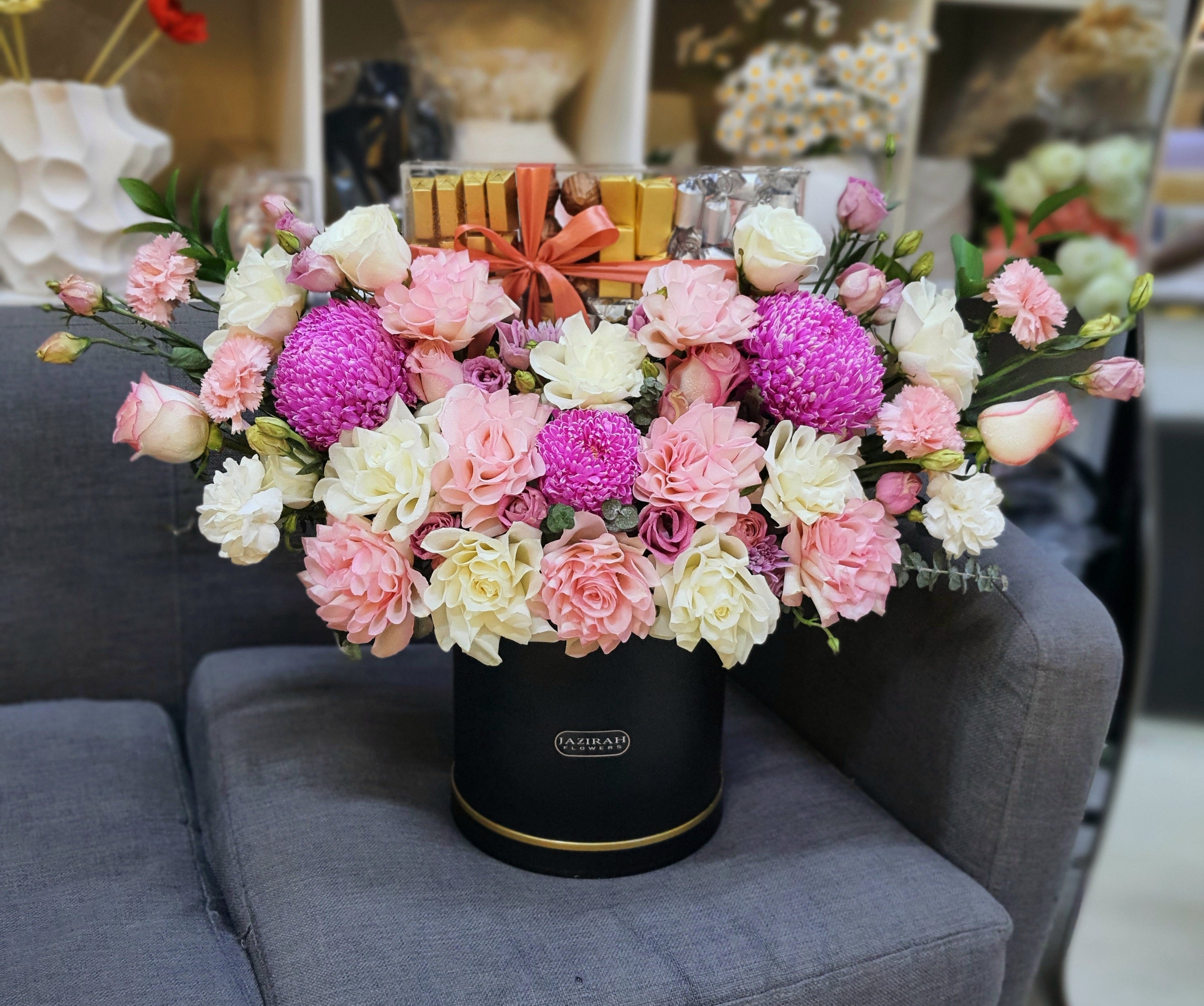 Luxury Pink & White Floral Box with Premium Gold-Wrapped Chocolates
