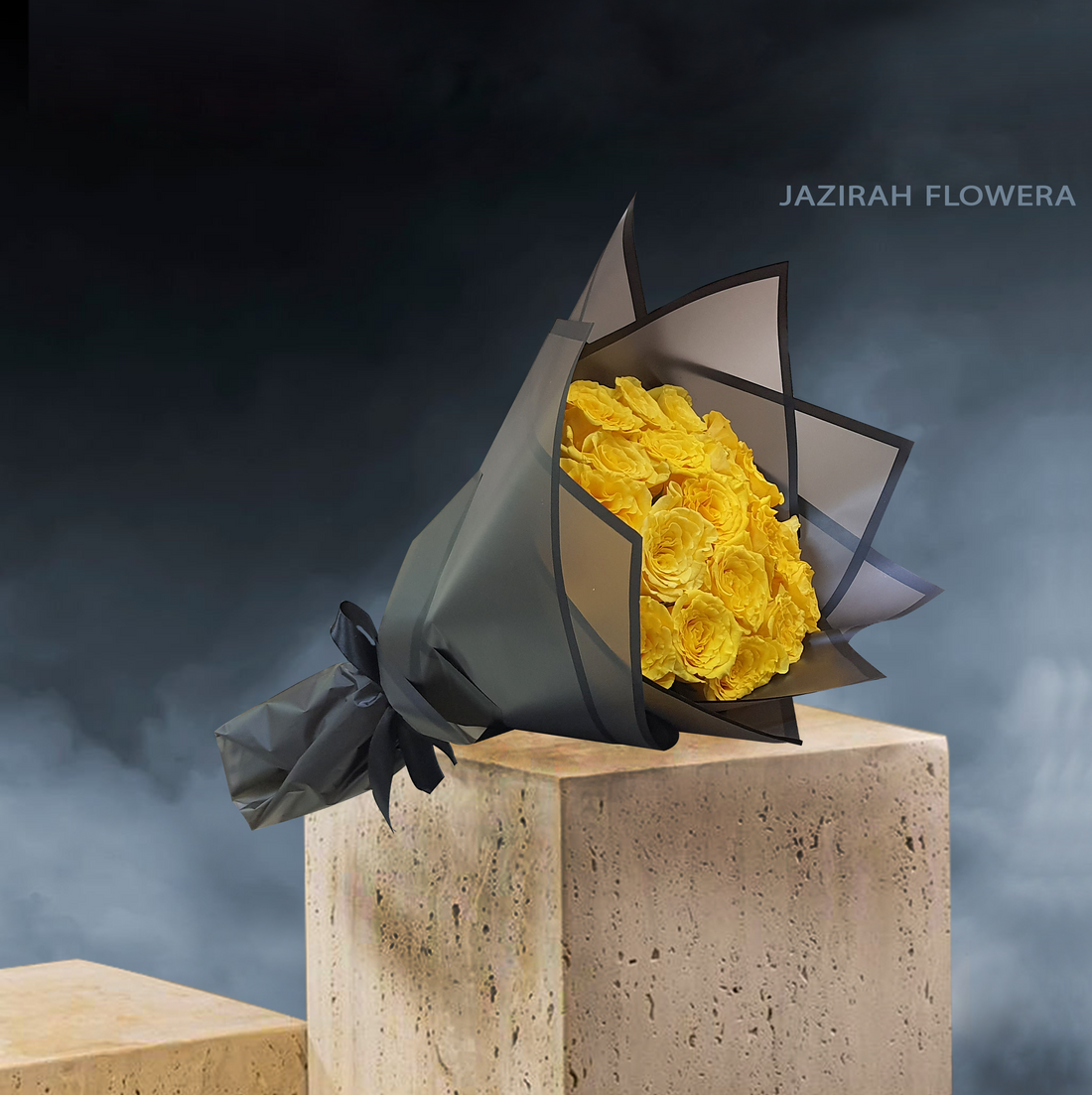 yellow roses black wrapping bouquet