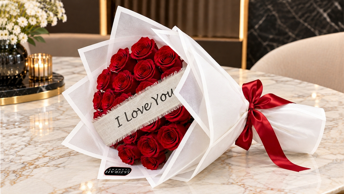 21 fresh red roses bouquet with I Love You ribbon and red satin bow white wrapping by Jazirah Flowers