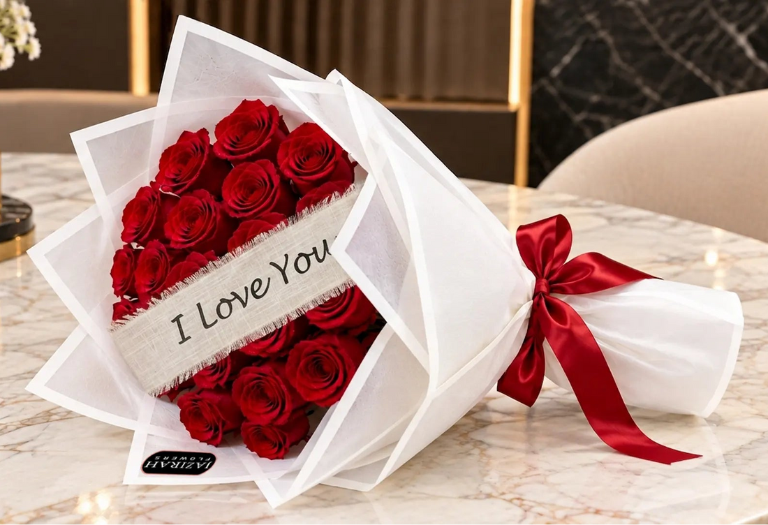21 fresh red roses bouquet with I Love You ribbon and red satin bow white wrapping by Jazirah Flowers