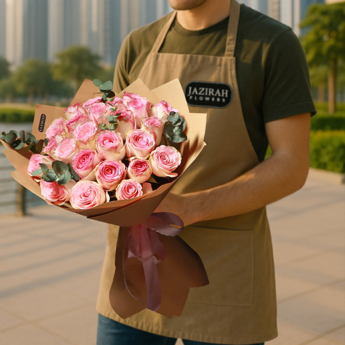 Pink Rose Bouquet – 25 Fresh Roses with Eucalyptus for Special Occasions