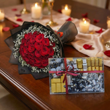 Luxury Red Roses Bouquet with Premium Chocolate Box – Romantic Gift Set