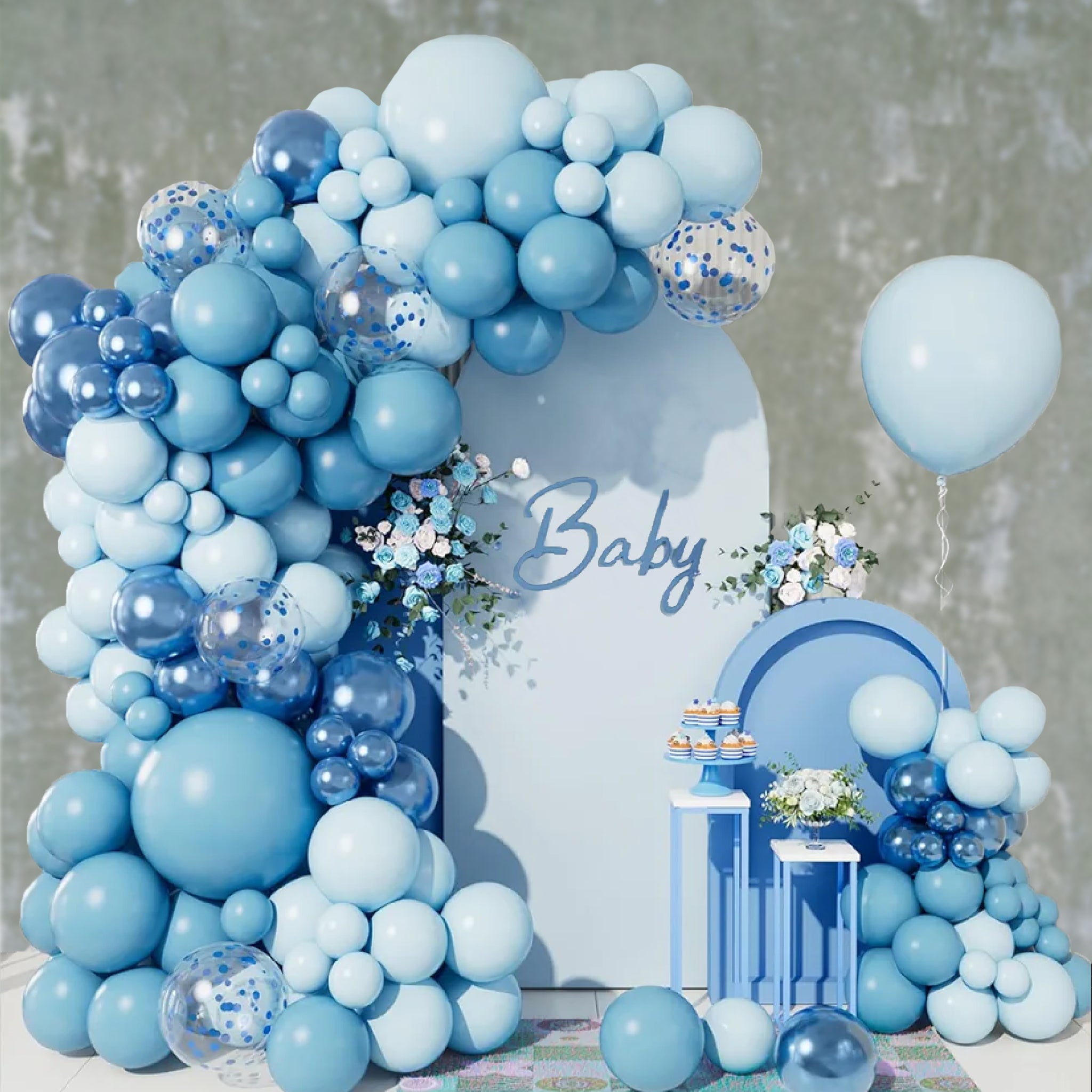 Premium Baby Shower Decor – Pink & Blue Balloon Arch with Floral “Oh Baby” Display