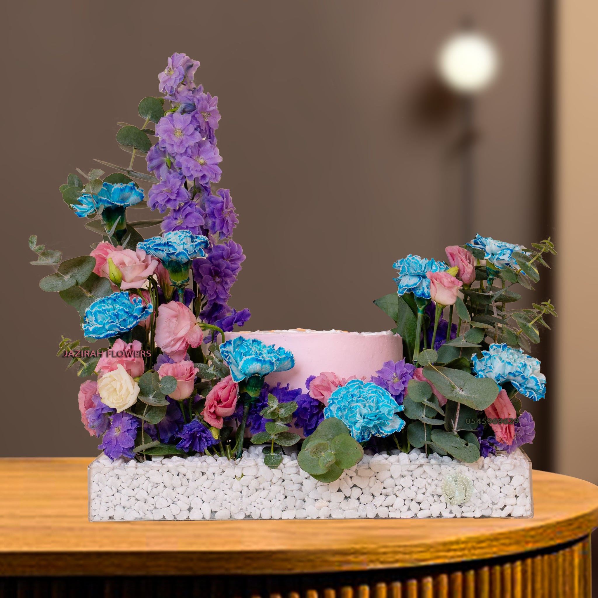 Elegant Flower & Cake Gift, purple, pink, and blue, paired with a delicious cake