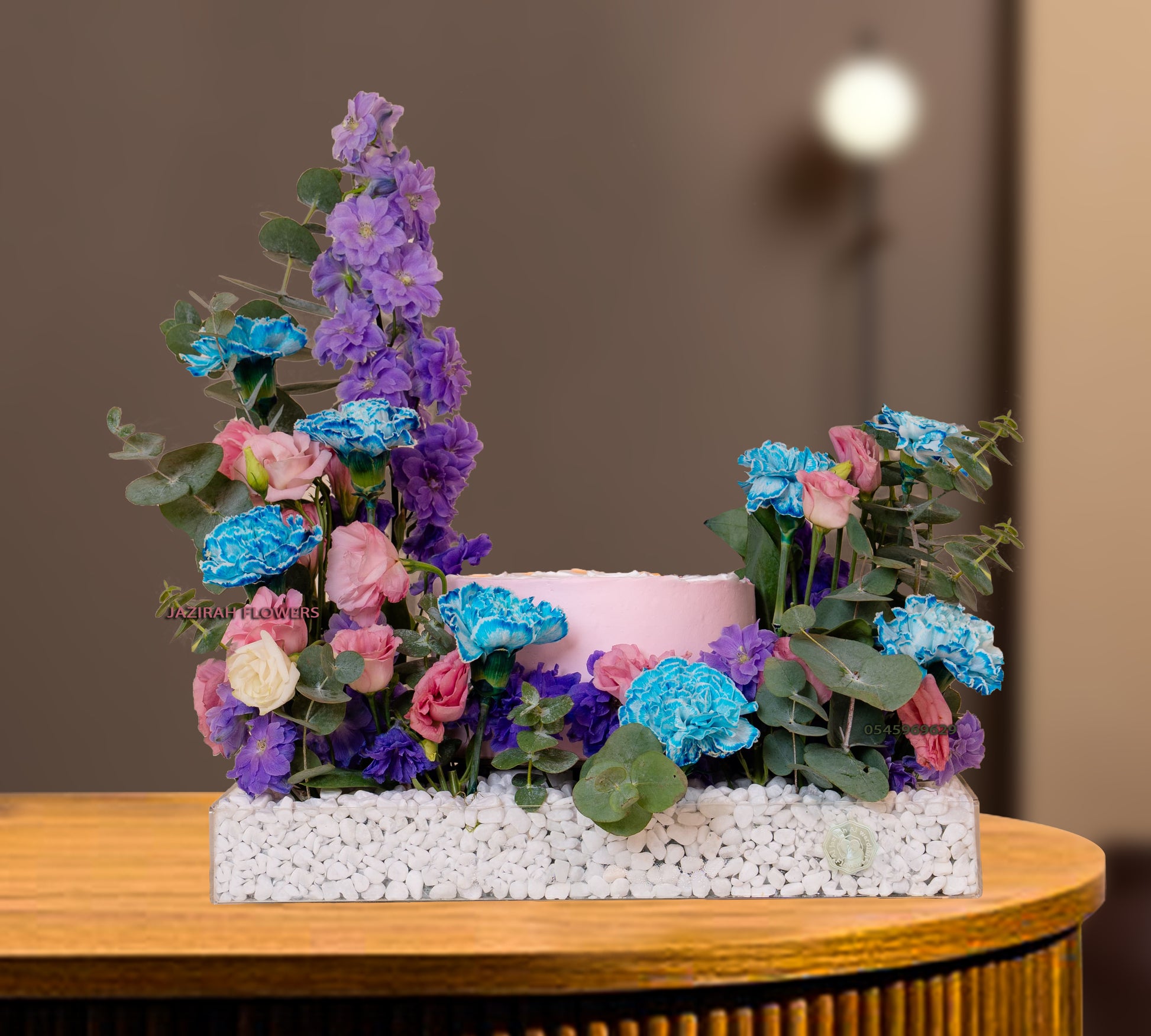 Elegant Flower & Cake Gift, purple, pink, and blue, paired with a delicious cake