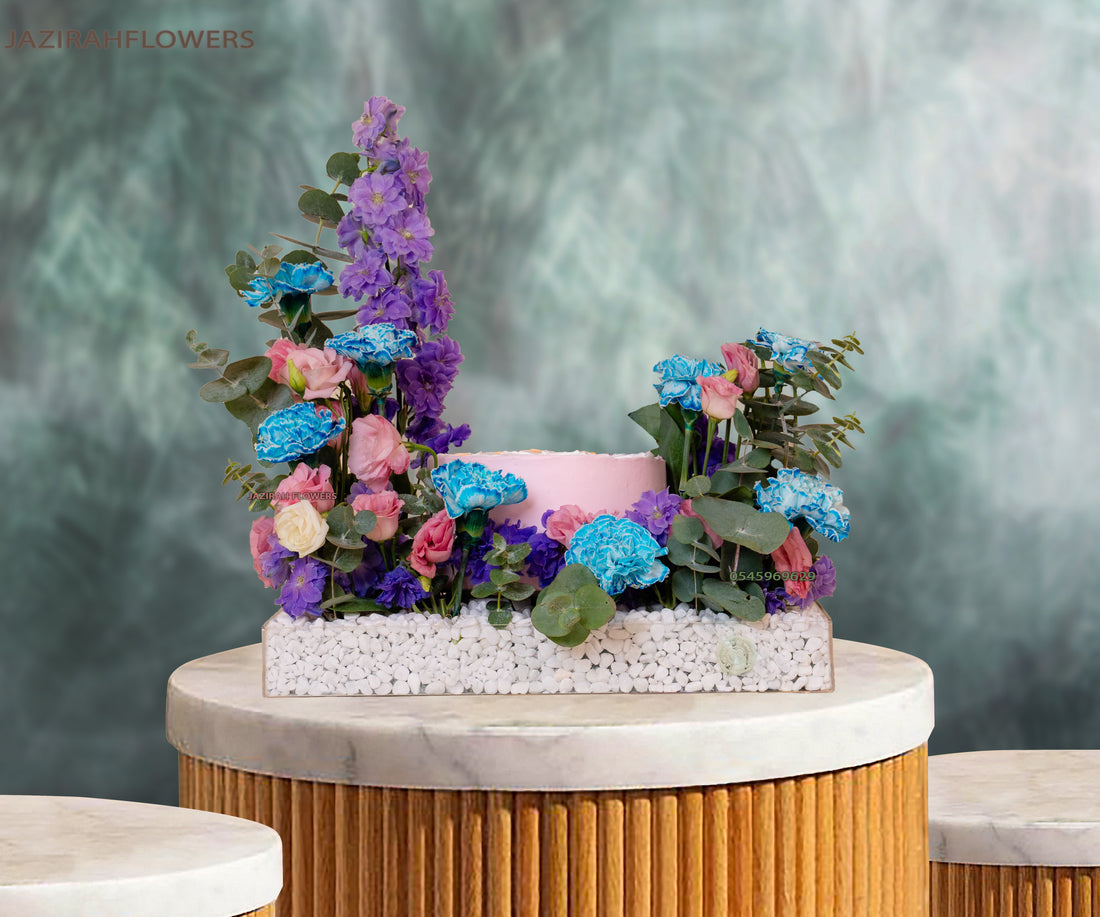 Elegant Flower & Cake Gift, purple, pink, and blue, paired with a delicious cake