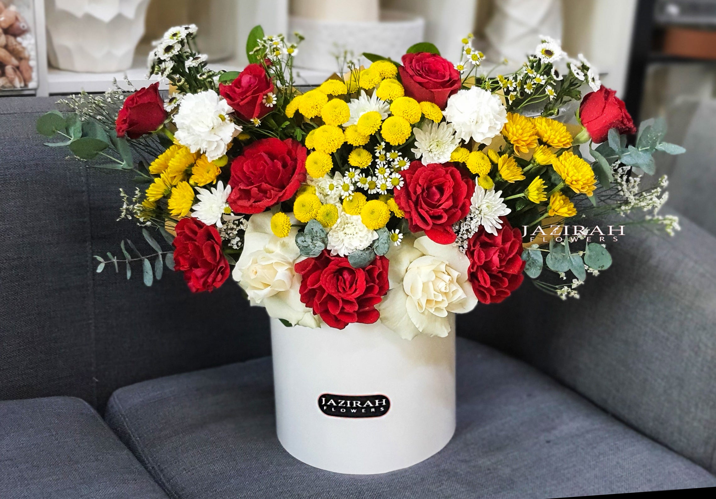 Elegant Red, Yellow & White Bloom Box – Jazirah Flowers