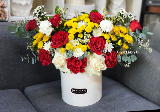 Elegant Red, Yellow & White Bloom Box – Jazirah Flowers