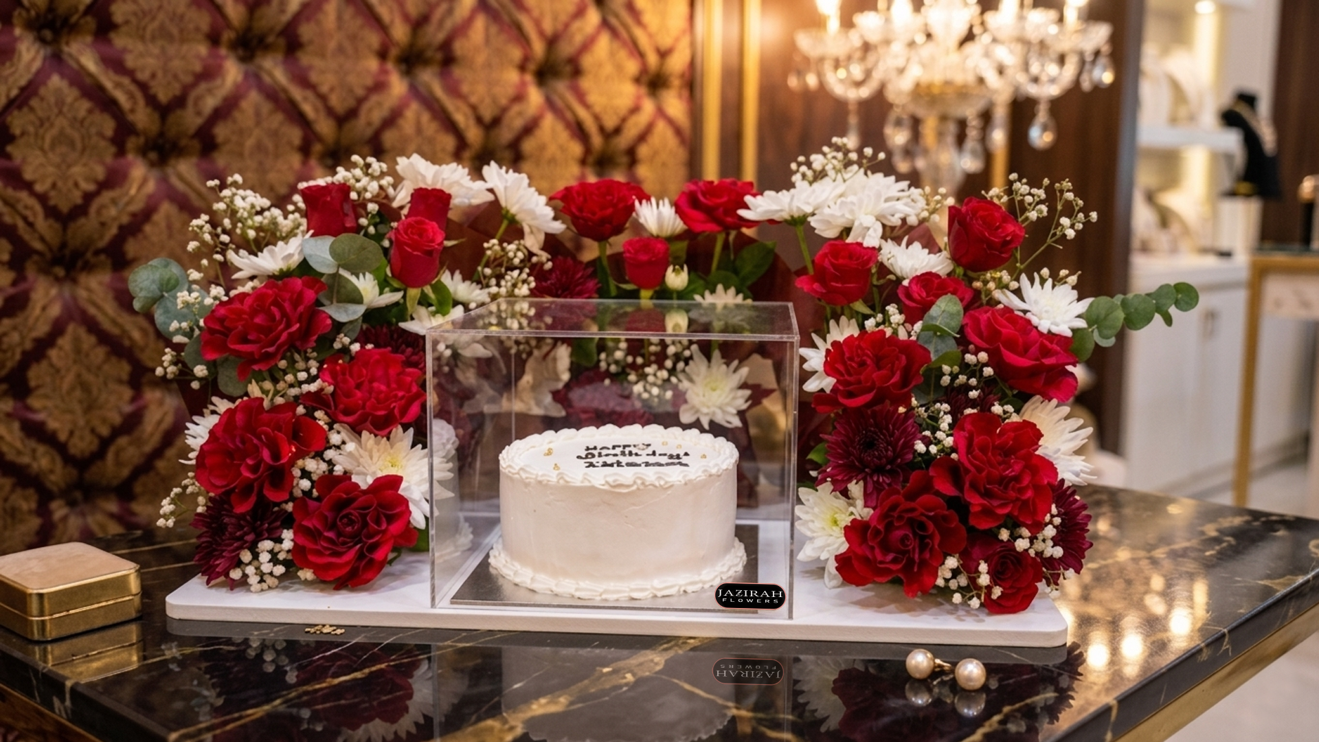 Premium Birthday Cake & Red Rose Floral Arrangement Box – Luxury Gift Set