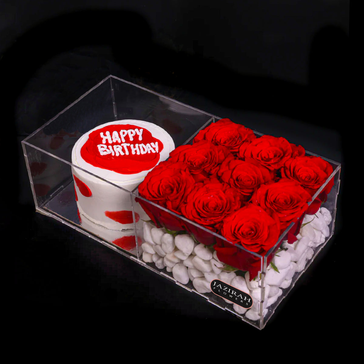 Cake Box Roses Red Roses & Mini Cake Gift in Acrylic Box – Jazirah Flowers UAE