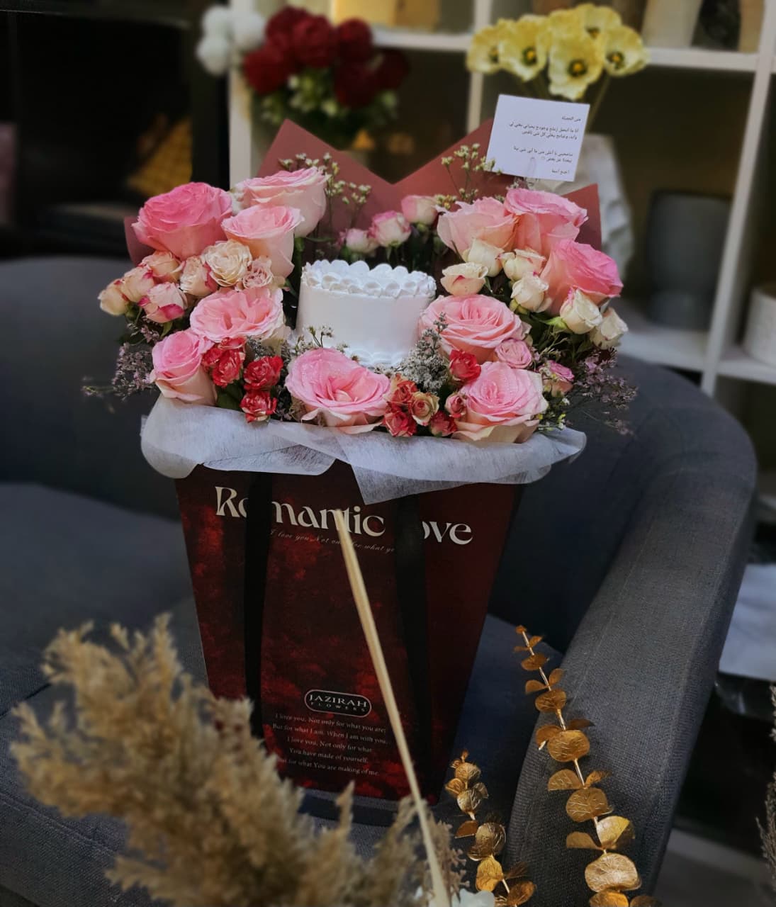 Luxury Pink Rose & Mini Cake Gift Bag | Fresh Flower Delivery Fujairah & Kalba