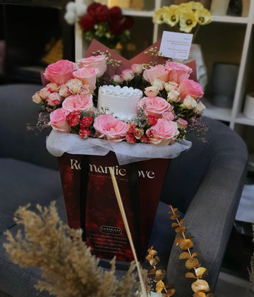 Luxury Pink Rose & Mini Cake Gift Bag | Fresh Flower Delivery Fujairah & Kalba