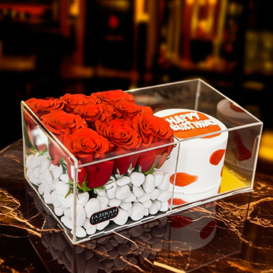 Red Roses & Mini Cake Gift in Acrylic Box – Jazirah Flowers UAE