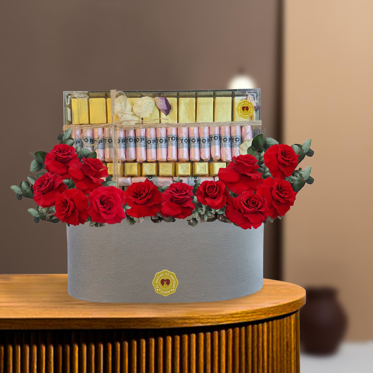 flower arrange in box, red roses