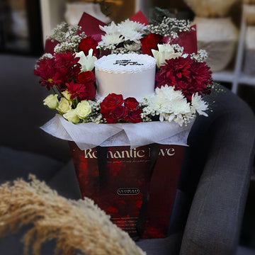 Romantic Fresh Flower Arrangement with Cake in Bag | Red Roses Gift Combo