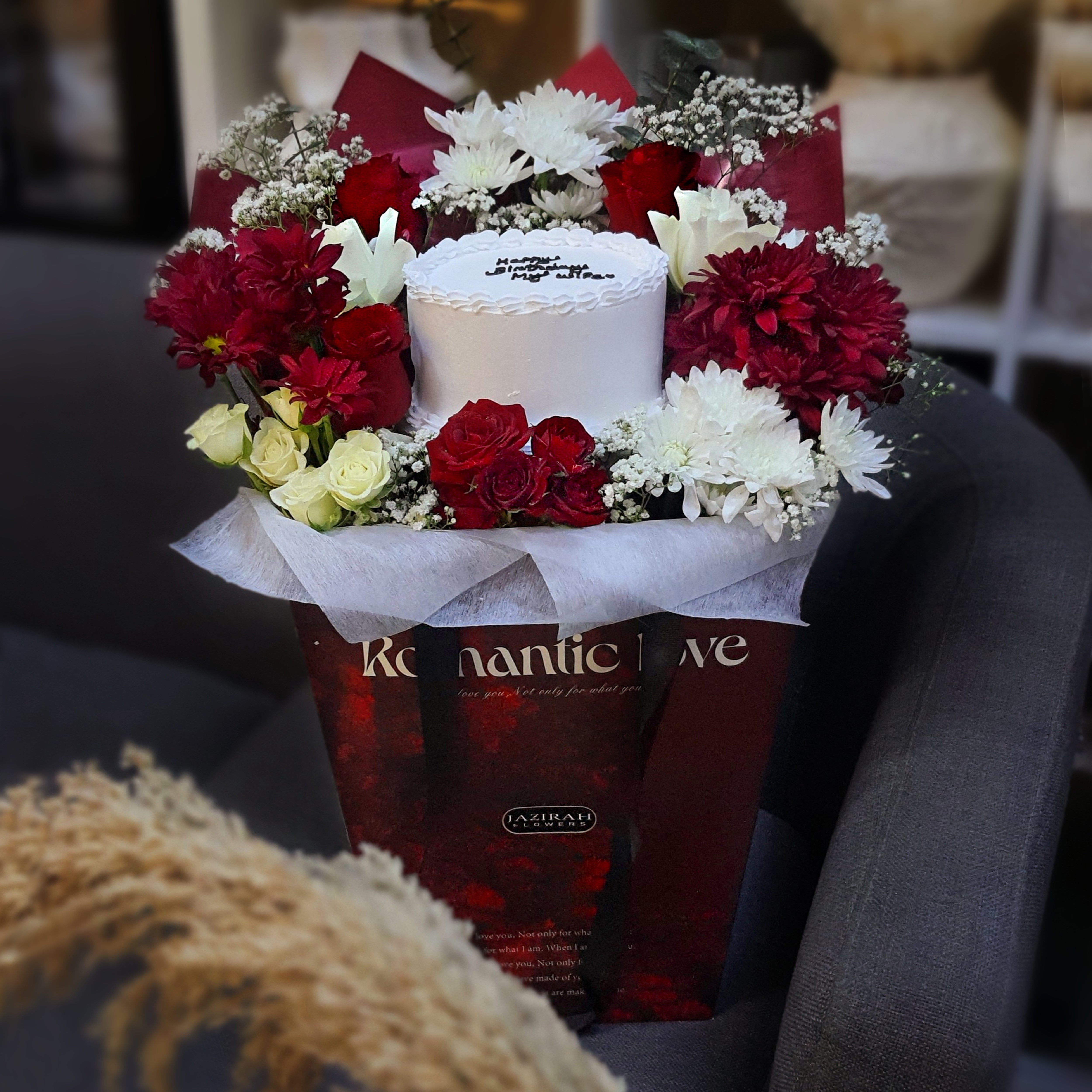Romantic Fresh Flower Arrangement with Cake in Bag | Red Roses Gift Combo