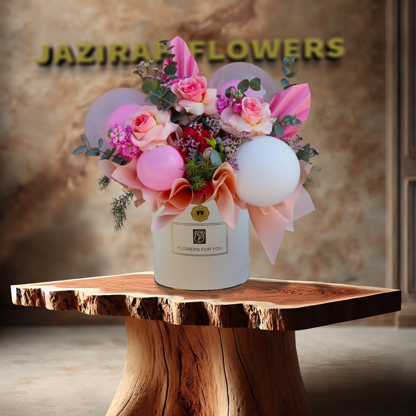 New Baby Girl Flower Box – Elegant Pink Roses with Balloons | Jazirah Flowers UAE